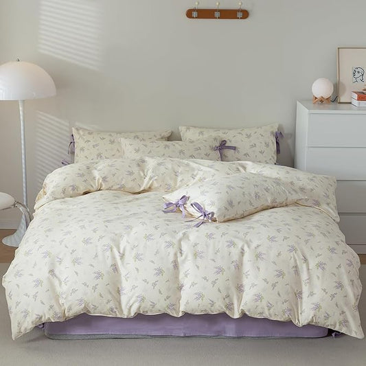 VM VOUGEMARKET King Duvet Cover Set,3 Pieces Purple Floral Duvet Cover with 2 Bow Ties Pillowcases 100% Cotton Lavender Flower Bedding Set-King,104x90 Inch