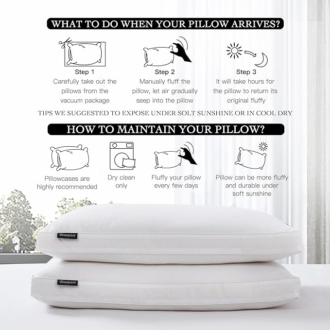 Beautyrest White Feather Down Fiber Pillows Set of 2 Pack with 2" Gusset Support Pillows,Hotel Collection 100% Cotton Hypoallergenic Medium Firm Bed Pillows for Side Sleeper