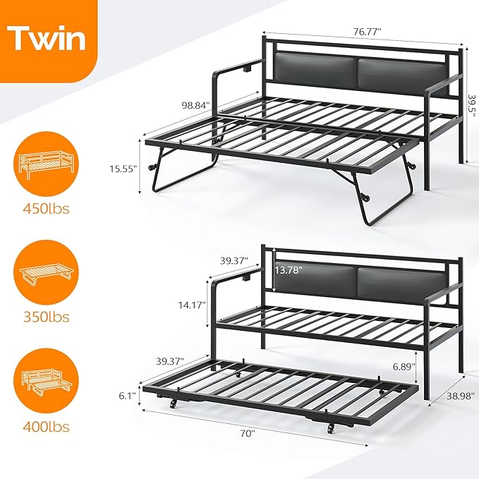 VINGLI Twin Daybed with Pop Up Trundle,Sofa Day Bed with LED Light & Charing Station,Pull Out Bed with Steel Slat Support & Upholstered Headboard, Platform Bed Frame, Black