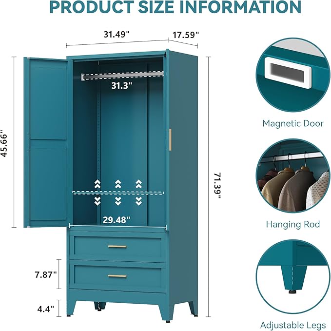 Baborokic Metal Wardrobe Cabinet with Hanging Rod, 71" Armoire Wardrobe Closet with 2 Drawers,Farmhouse Metal Clothing Storage Cabinets with Door and Adjustable Shelves for Bedroom,Laundry Room(Blue)
