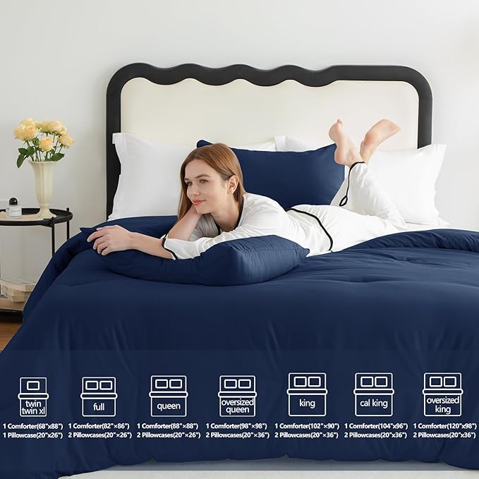CozyLux Oversized King Comforter Set Navy Blue, 3 Pieces 120x98 Solid Breathable Quilted Bedding Sets for All Seasons, Luxury Soft Lightweight Bed Set with Down Alternative Comforter and 2 Pillowcases