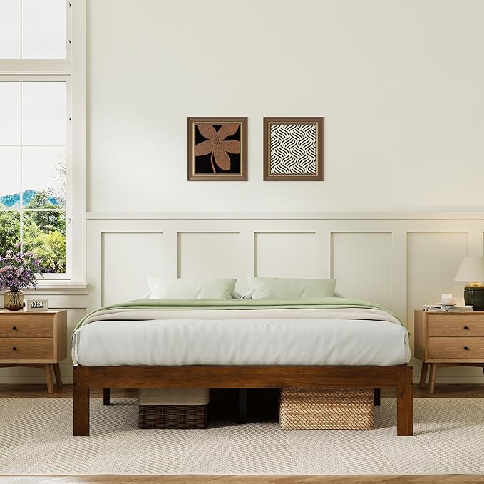 Novilla 12 Inch Queen Bed Frame, Classic Solid Wooden Platform Bed Frame Queen Size, Queen Size Bed Frame Without Headboard, Sturdy Wood Slat Support, No Box Spring Needed, Easy Assembly, Walnut