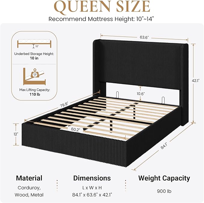 SHA CERLIN Queen Size Lift Up Storage Bed Frame, Modern Upholstered Wingback Headboard, Hydraulic Support & Underneath Storage, Soft Corduroy Fabric Platform Bed, No Box Spring Needed, Black