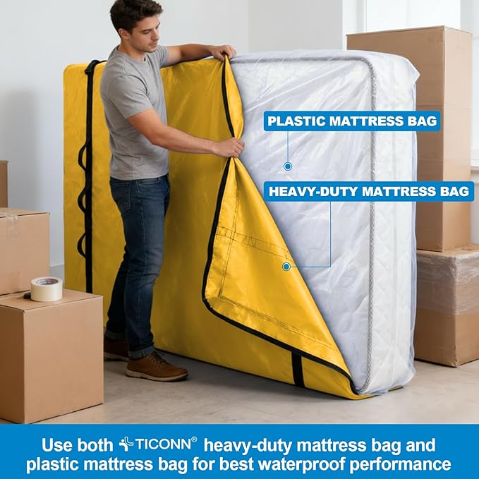 TICONN Mattress Bags for Moving, Heavy Duty Cali King Mattress Cover Storage Bag with Full-Around Handle and Adjustable Buckles (Yellow, Cali King)