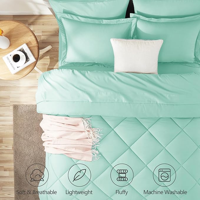 CozyLux Full Size Comforter Sets Mint Green - 7 Pieces Bed in a Bag Full, Luxury Soft Bed Set for All Seasons, Bedding Set with Down Alternative Comforter, Sheets, Pillowcases & Shams