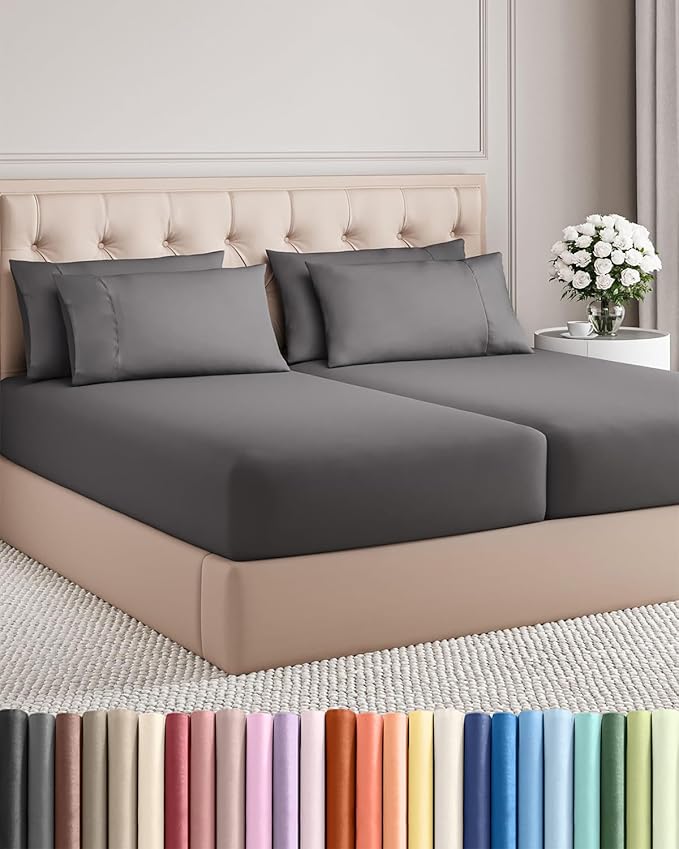 Split King 7 Piece Sheet Set - Comfy, Breathable & Cooling - Soft Hotel Luxury Bedding for Women, Men, Kids, Teens and Children - 1 Flat & 2 Fitted Sheets & 4 Pillowcases with Deep Pockets - Dark Grey