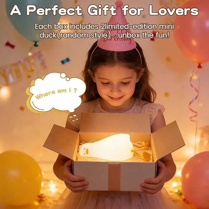 FAMIDUO Lying Flat Duck Night Light, Silicone Dimmable Rechargeable Nursery Night Light, Touch LED Lamp with Rubber Duck Blind Box, BPA-Free Squishy Baby Bedside Light for Breastfeeding,Kids,Toddler