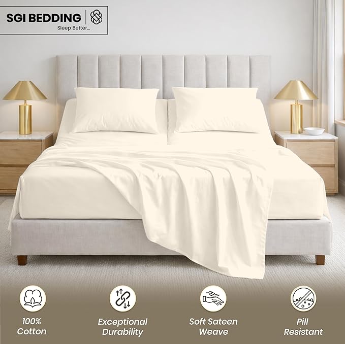 SGI bedding 39" King Split Top Flex Head Sheet 100% Egyptian Cotton Sheet Set 1000 Thread Count Flex Top Sheet for Adjustable Bed 4Pc Sheet Set 15" Deep Pocket for Sleep Number Bed - Butter