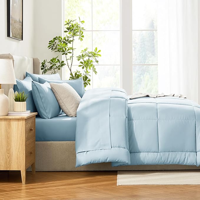 CozyLux King Size Comforter Set Light Blue, 7 Pieces Bed in a Bag, Blue Comforter King Size, All Season Bedding Sets with Stitch Quilted Comforter, Flat Sheet, Fitted Sheet, Pillowcases