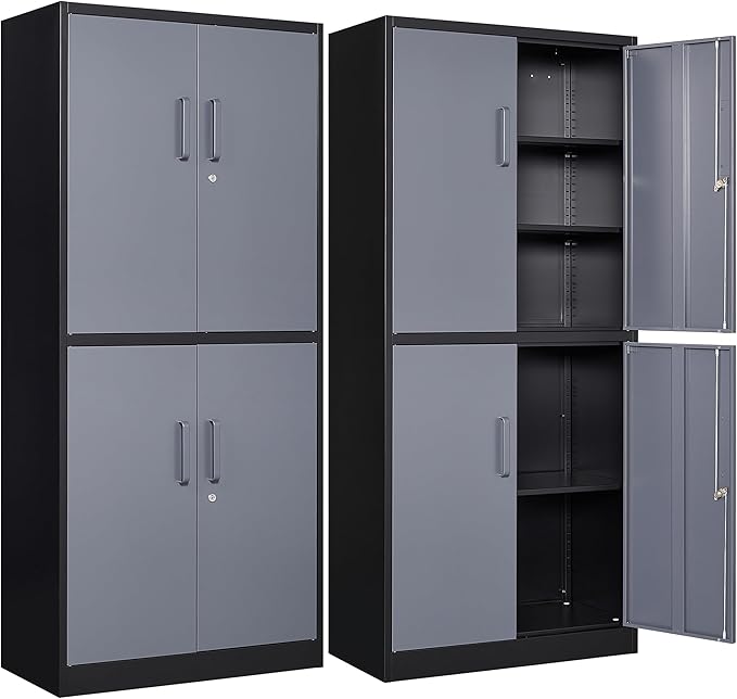 SISESOL Metal Storage Cabinets with Doors and Shelves,71" Metal Garage Storage Cabinet with Lock,Gray Steel Cabinet with Locking Doors,4 Door Lockable Storage Cabinets for Garage,Home,Office