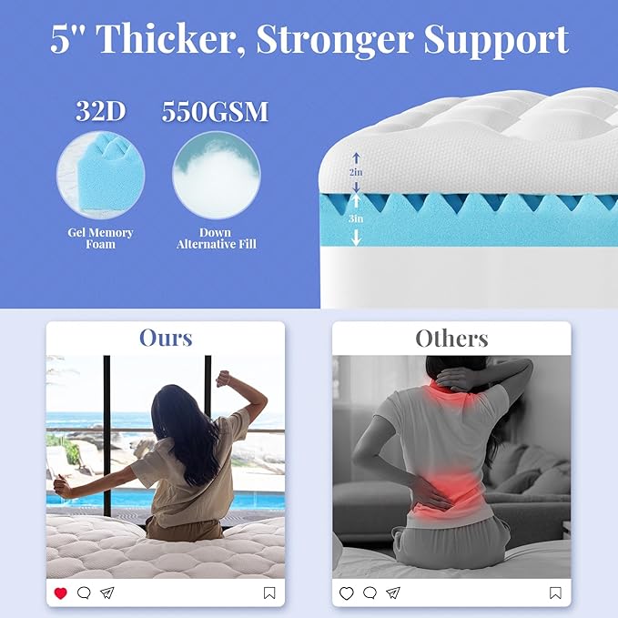 OhGeni Cooling 5 lnch King Size Dual Layer Mattress Topper, 3 Inch Egg Crate Gel Memory Foam, 2 Inch Breathable Pillow Top Pad, Bedroom Mattresses Cover, Extra Comfortable Sleep and Back Pain Relief