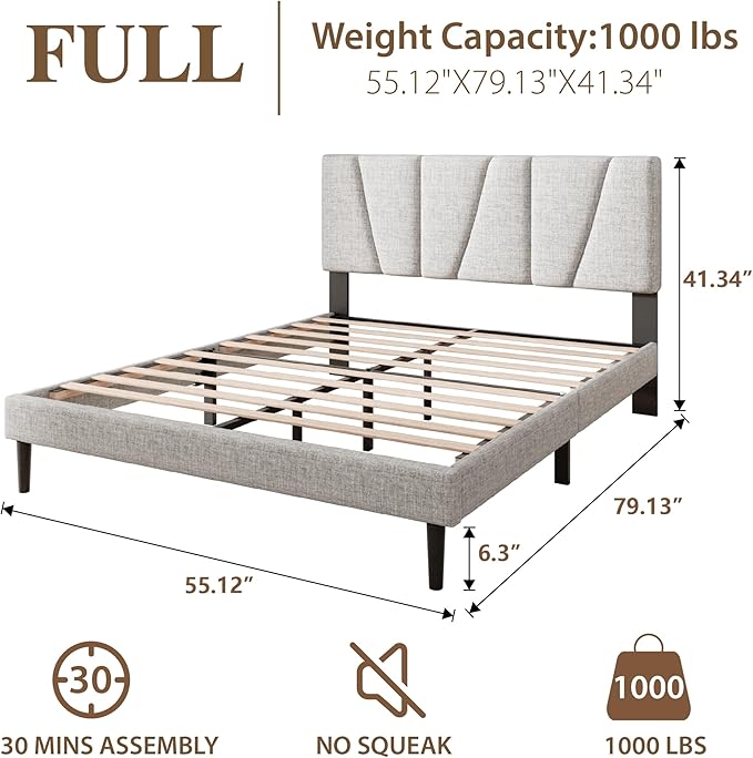 Full Size Bed Frame, Linen Upholstered Platform Bed with Headboard, Strong Wooden Slats Support, Noise-Free Mattress Foundation, No Box Spring Needed, Easy Assembly, Light Grey