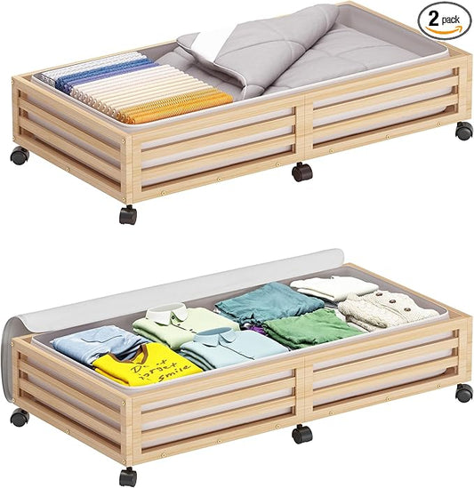 Wisuce Bamboo Under Bed Storage Containers- Underbed Organizer with Wheels with Dust Bag,Sturdy Wood Rolling Under the Bed Shoe Storage Organizer Drawers (Nature, 2 Pack (33.07"×16.54"))