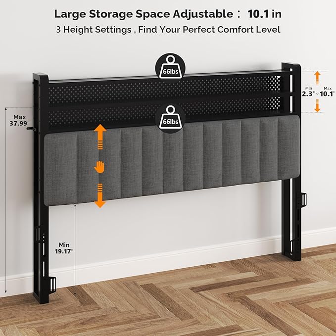 VINGLI Queen LED Headboard with 3 Storage Shelves & Charging Station, Modern Upholstered Headboard with RGB Lights, USB Ports and Power Outlet for Master Bedroom,Dark Gray