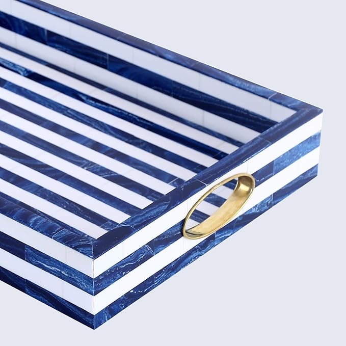 Handicrafts Home Blue White Striped Decorative Tray, Optique Madrid Collection, Rectangular Serving Tray with Handles, Modern Coffee Table Ottoman Tray, Resin Brass Inlay Handmade Hostess Tray 17x11