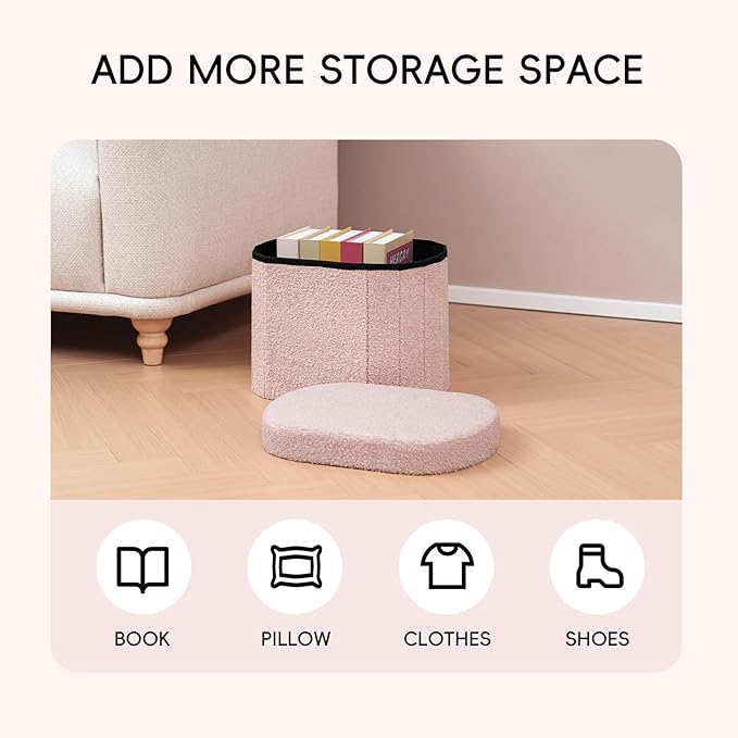 PINPLUS Storage Ottoman Boulce Tufted Oval Small Ottomans for Living Room Foot Rest with Storage, Pink 16.1"x12.2"x12.2" (Pink)