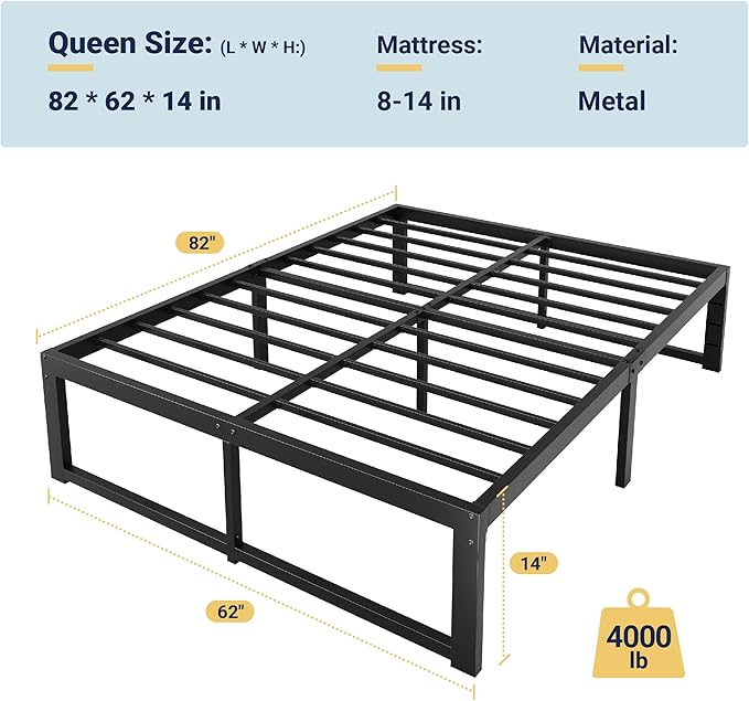 Allewie Queen Bed Frame, 14 Inch Metal Platform Bed Frame with 4000LBS Heavy Duty Steel Slats Support, Noise Free, Easy Assembly, No Box Spring Needed, Black
