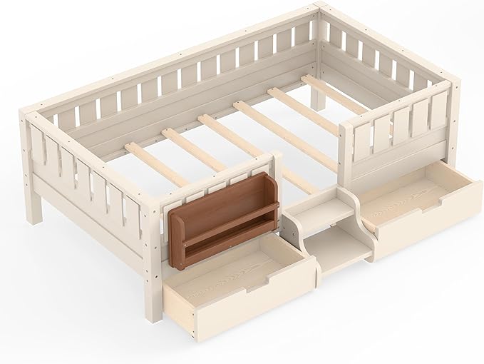 Bellemave Twin Size Kids Montessori Bed with Stairs and Bookshelf,Solid Wood Twin Size Kids Bed Frame with Drawers and Storage for Girls Boys,Low-Profile,Beige