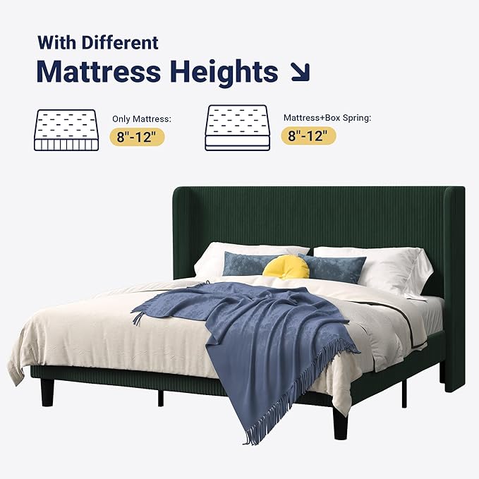 Allewie King Size Bed Frame with Upholstered Wingback Headboard, Vertical Channel Tufted Corduroy Velvet Platform Bed, Strong Wooden Slats Support, No Box Spring Needed, Easy Assembly, Dark Green
