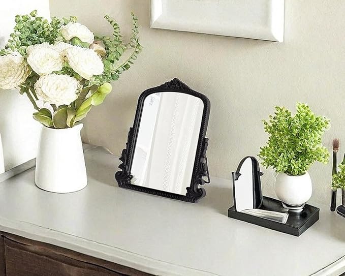 HSDDHOME Black Vintage Arched Vanity Mirror, Baroque Tabletop Makeup Mirror, Decorative Antique Mirror for Dresser, Bedroom, Living Room, 11.8" x 9.6"