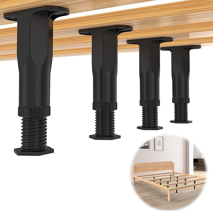 Yuleimy Adjustable Bed Center Support Legs (5.1"-8.3"), Heavy Duty Replacement Slat Legs for Queen & King Size Wooden Frame, Non-Scratch Floor Protection, 4-Pack