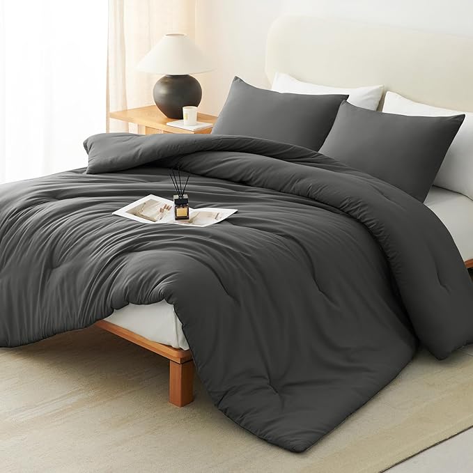 CozyLux Queen Comforter Set Dark Grey, 3 Pieces Solid Comforters Queen Size Breathable Quilted Bedding Sets, Dark Gray Luxury Soft Lightweight Bed Set with Down Alternative Comforter and 2 Pillowcases