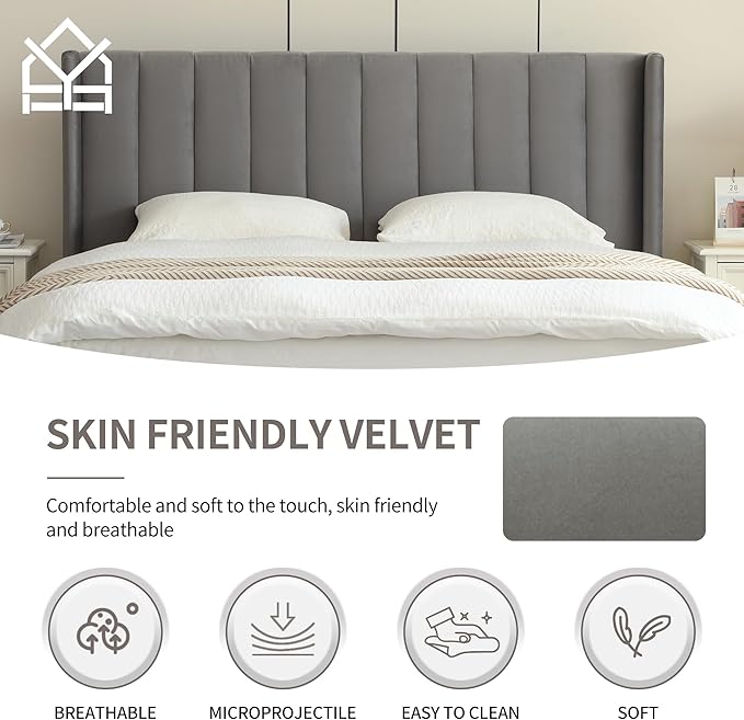 YUHUASHI upholstered Platform Bed Frame/King Bed Frame/Modern Geometric Double-Wing Design headboard/Velvet Fabric/Easy to Assemble no Noise (Grey, King (U.S. Standard))