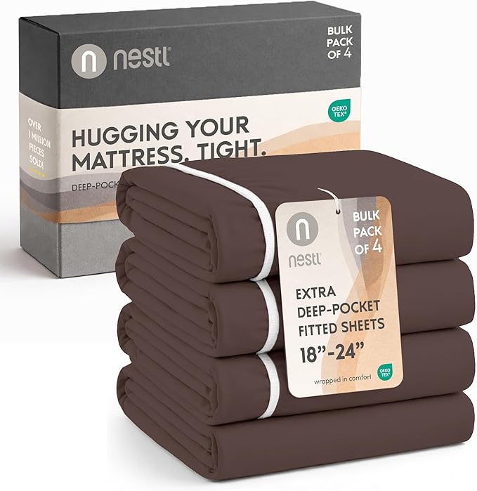 Nestl 4 Pack Chocolate Brown Fitted Sheet Extra Deep Pocket, Hotel Luxury Twin XLFitted Sheet Only Easily Fits 18 to 24 Inch Mattress, Super Soft, Wrinkle-Free and Breathable with Corner Straps