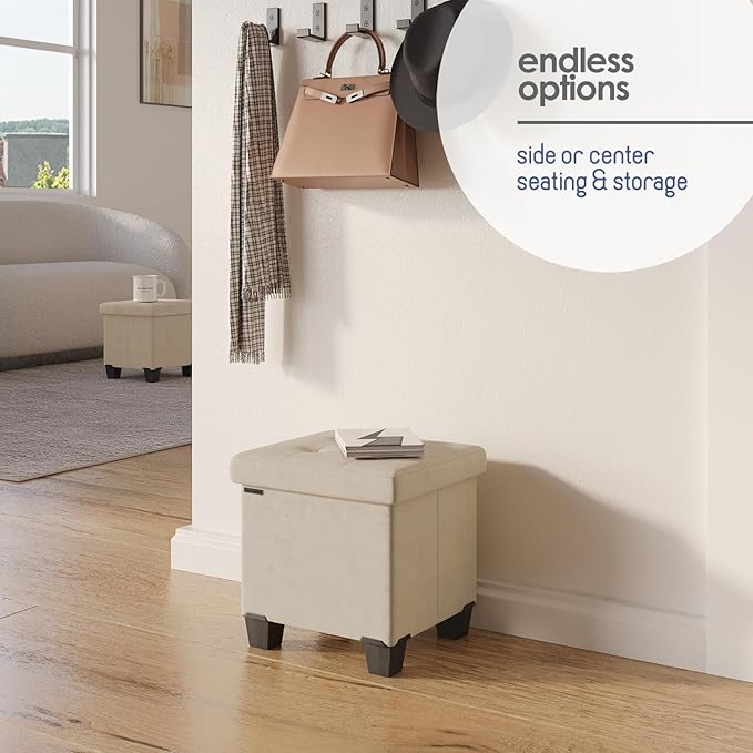 Storage Ottoman Cube with Small Bin, 15-in Square Ottoman with Storage for Living Room and Bedroom, Small Ottomans Foot Rest, Velvet Foot Stools Ottomans Max 330lbs, Beige