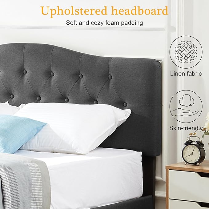 VECELO Full Size Platform Bed Frame with Fabric Upholstered Headboard and Wooden Slats Support, No Box Spring Needed/Easy Assembly,Grey