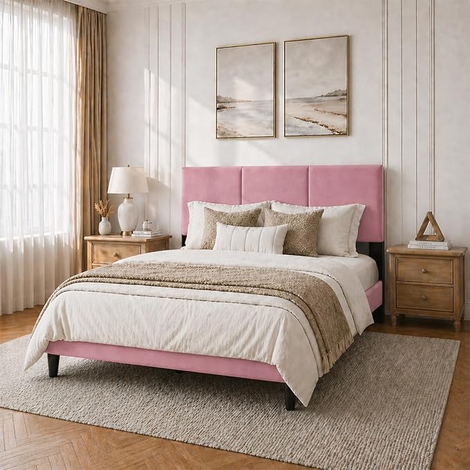 Queen Size Bed Frame with Headboard, Velvet Upholstered Platform Bed Frame, Sturdy Slatted Support for Springless Mattresses, Silent Operation, Easy to Assemble, Pink