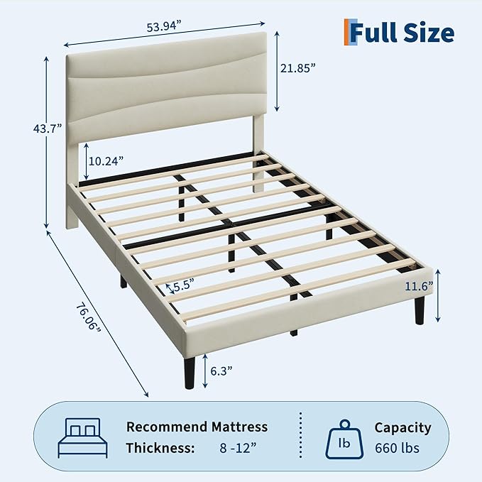 IDEALHOUSE Full Size Upholstered Platform Bed Frame with Ergonomic Headboard, Beige Soft Fabric, Heavy Duty Wooden Slats, Noise-Free, 6.3" Underbed Storage, No Box Spring Needed, Easy Assembly