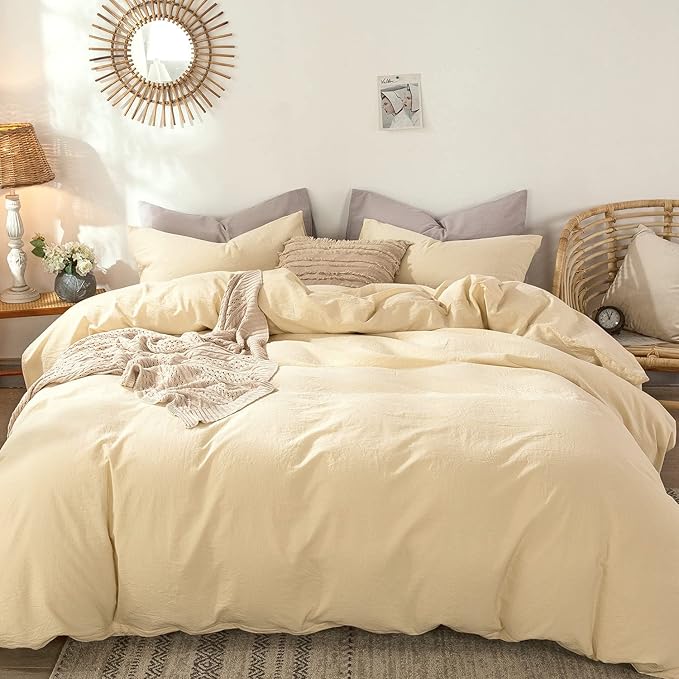 MooMee Bedding Duvet Cover Set 100% Washed Cotton Linen Like Textured Breathable Durable Soft Comfy (Heathered Light Yellow, King 104"x90")