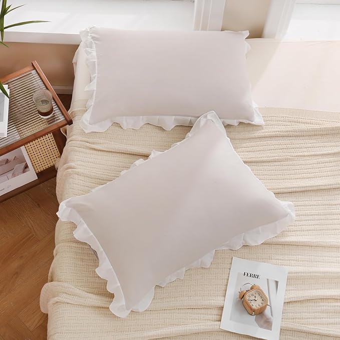 Merryword Beige Pillow Shams Standard Pillowcases 20x26inch Beige and White Reversible Cute Pillow Cover Set of 2 Soft Shabby Chic Ruffled Pillowcases