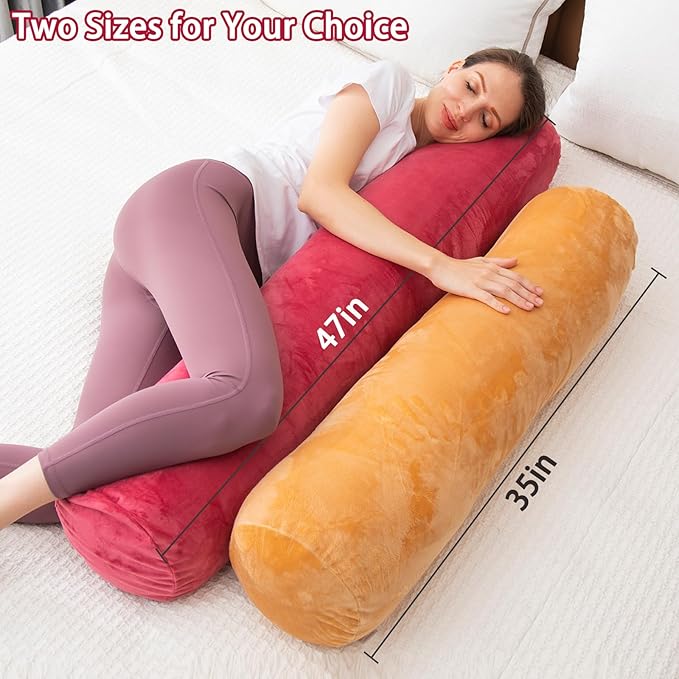 1 MIDDLE ONE Bolster Pillow for Bed, Long Round Body Pillow for Adults with Removable Velvet Cover, Decorative Tube Roll Cylinder Pillow, 47 x 7.87 Inch, Red