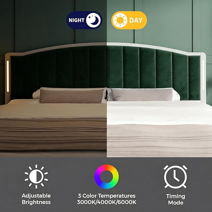 Headboard for King Size Bed with LED Lights, Upholstered Vertical Channel Tufting Head Boards, Velvet Headboard Only, Study & Comfortable, Ideal for Bedroom, Dorm, Guest Room, Green
