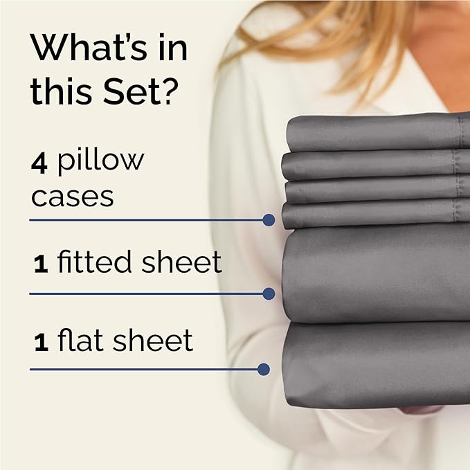 Full 6 Piece Sheet Set - Comfy, Breathable & Cooling - Hotel Luxury Bedding for Women, Men, Kids, Teens & Children - 1 Flat & 1 Fitted Sheet & 4 Pillowcases w/ Deep Pockets - Wrinkle Free - Dark Grey