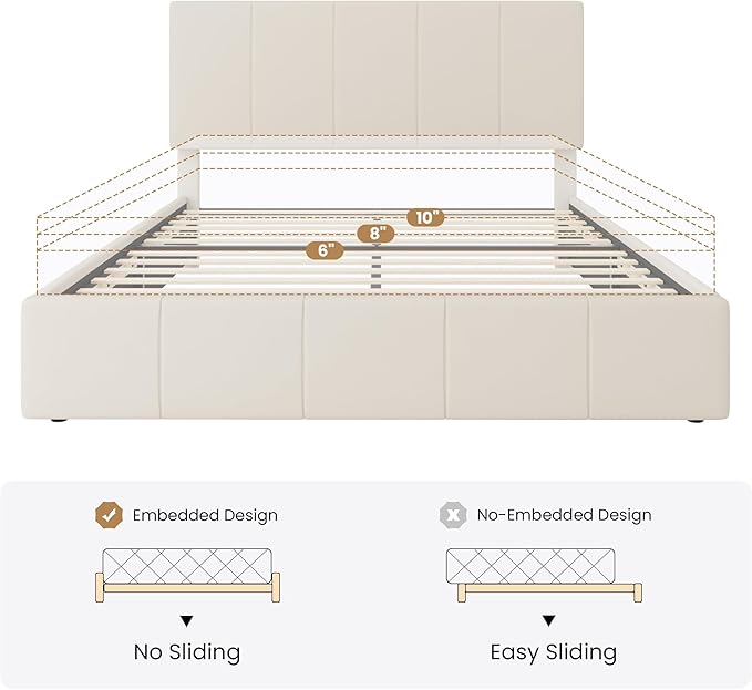 SHA CERLIN Queen Bed Frame, Dutch Velvet Upholstered Platform Bed, Vertical Channel Tufted Adjustable Headboard, Low Profile Bed Frame, No Box Spring Needed, Easy Assembly, Cream
