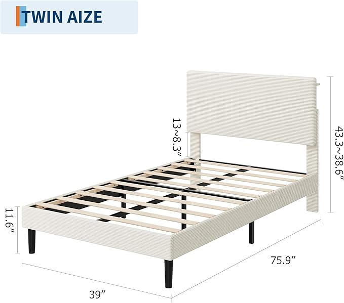 IDEALHOUSE Twin Size Bed Frame, Platform Bed with Adjustable Corduroy Upholstered Storage Headboard and Charging Station, Sturdy Metal Support, Noise Free, Easy Assembly, Beige