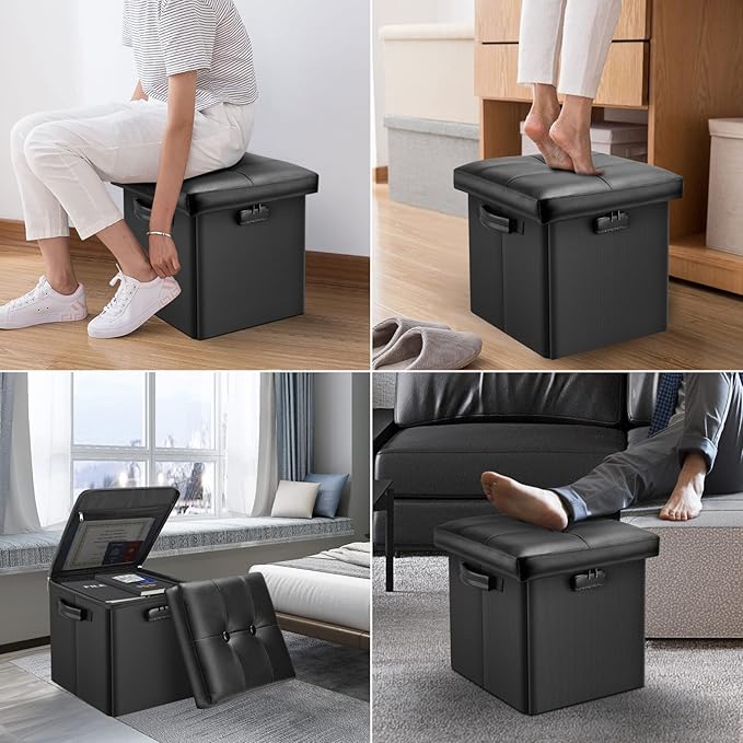 DocSafe Storage Ottoman with Lock,Fireproof Folding Ottoman Foot Rest Stool Storage Chest with Storage Safe for Important Documents,Waterproof 13 Inches Short Ottoman Foot Stool with Handles,Black