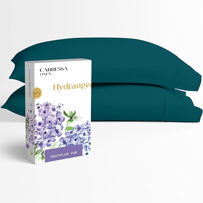 Carressa Linen 100% Egyptian Cotton Pillow Cases Queen Size Set of 2 - Luxury 600 Series Hydrangeas Collection Queen Size Pillowcases (Teal), Cooling Sateen Weave Hotel Quality Bed Pillow Cover