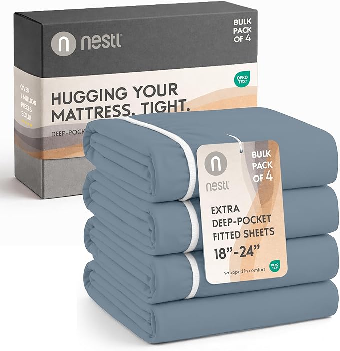 Nestl 4 Pack Stone Blue Fitted Sheet Extra Deep Pocket, Hotel Luxury FullFitted Sheet Only Easily Fits 18 to 24 Inch Mattress, Super Soft, Wrinkle-Free and Breathable with Corner Straps