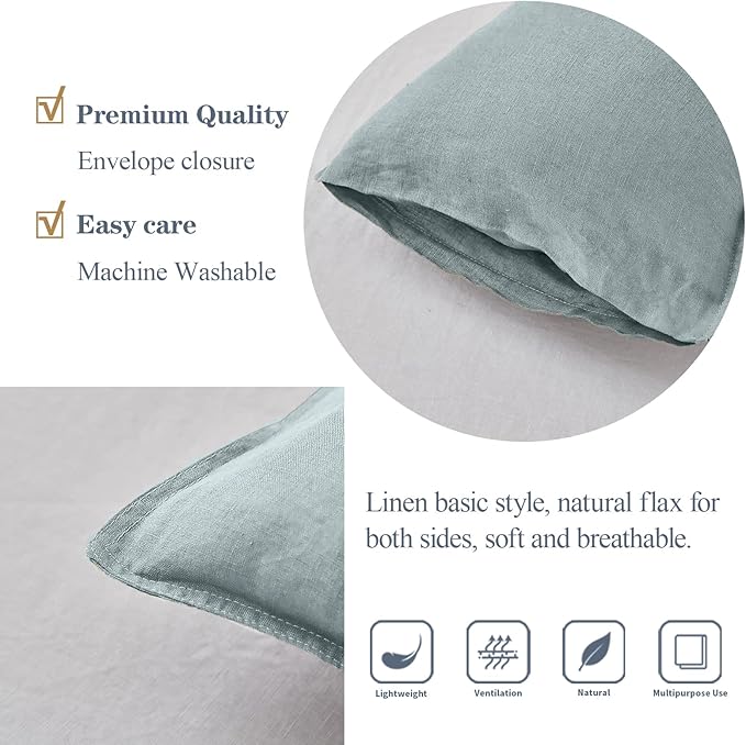 Simple&Opulence 100% Linen Lumbar Pillow Cover 12 x 20 Inches Set of 2 Rectangular Decorative Throw Cushion Cover for Couch Sofa Bed Living Room Office Soft Breathable Farmhouse - Dusty Blue