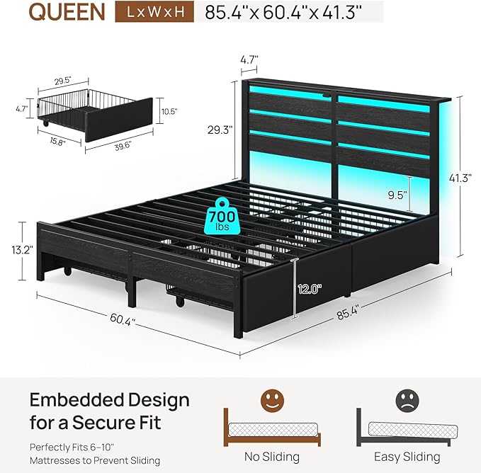 Rolanstar Queen Bed Frame with 4 Drawers, LED Lights and Charging Station, Metal Platform Bed with Storage Headboard, Noise Free, Easy Assembly, No Box Spring Needed, Black