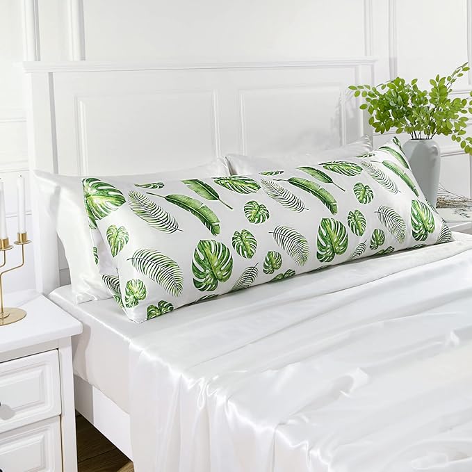 MR&HM Satin Body Pillow Cover, Soft and Breathable Body Pillow Case with Envelope Closure, Cooling and Silky Long Pillowcase for Hair and Skin,Grey (20x54, Leaves)
