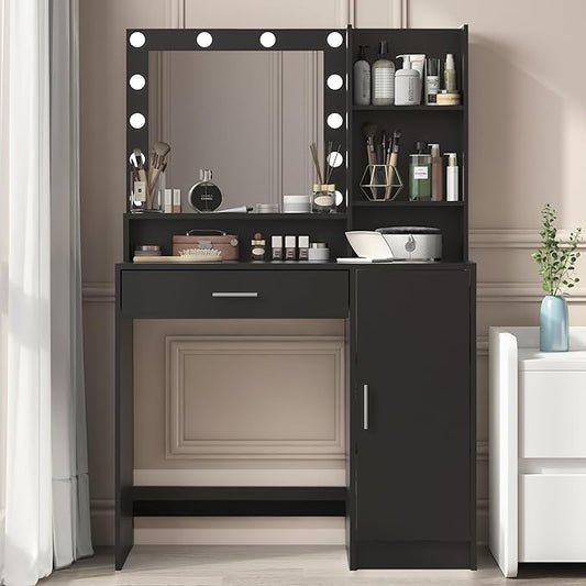 Palimder Vanity Desk with Mirror & Light, Large Drawer & Three Level Storage Dresser, 3 Lighting Modes Adjustable Brightness, Bedroom Dressing Table (Black)