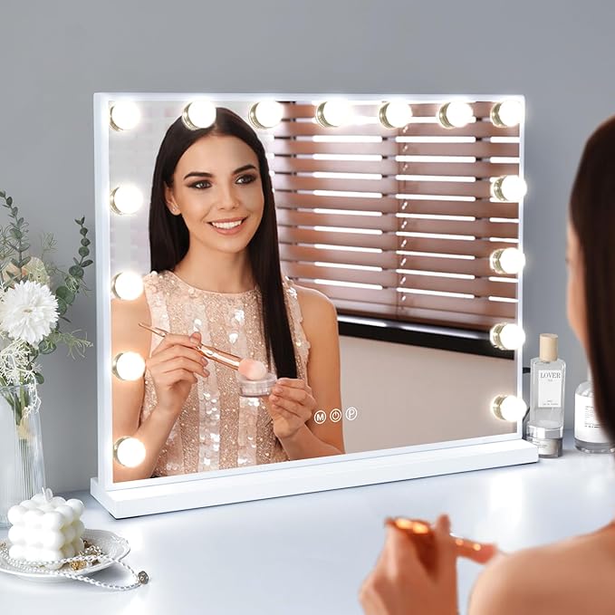 FENCHILIN Vanity Mirror with Lights, 22.8"x 18.1" Hollywood Makeup Mirror with 15 LED Dimmable Bulbs Lighted USB Charging Port 10X Magnification Tabletop for Bedroom