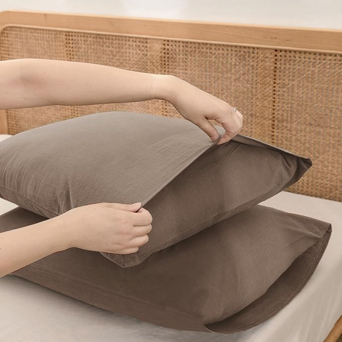 BESTOUCH 100% Washed Cotton Pillowcase for Hair and Skin Linen Feel Soft Comfortable Breathable 2 Set Pillow Case with Envelope Closure Solid Pine Bark Brown King 20x36 Inches