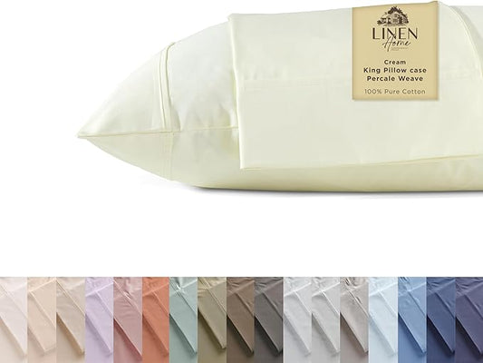 Linen Home 100% Cotton Percale Pillowcases King Size, Cream, 2 Pieces of Pillow Case, Crisp and Cool Strong Bed Linen, 20 inches X 40 inches