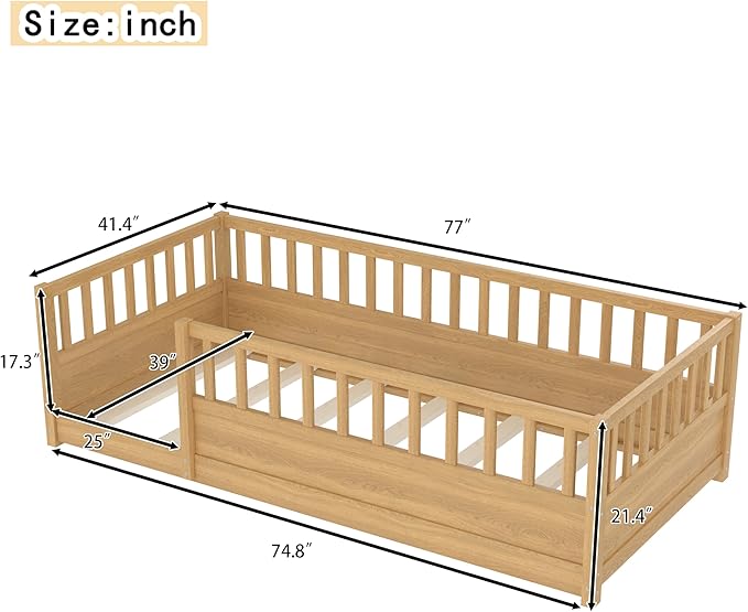 Bellemave Twin Floor Bed with high Fence, Solid Pine Wood Montessori Bed for Kids Girls Boys Floor Bed Frame,Natural with slats